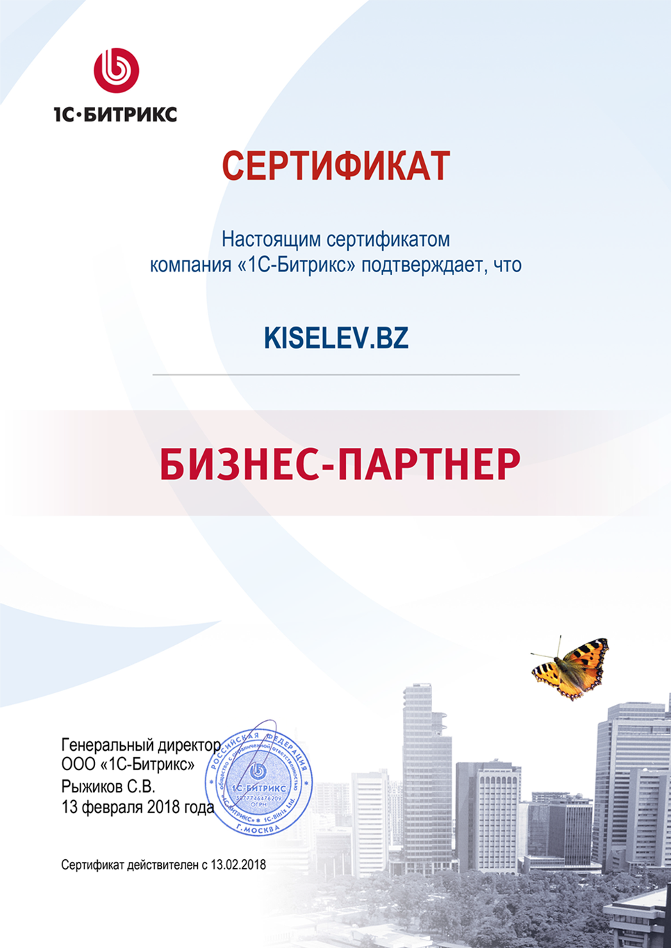 Сертификат партнёра по СРМ системам в Куртамыше